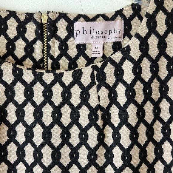 Philosophy Sz 10 Ponte Knit Black Beige Tan Chain Print Long Sleeve Shift Dress - Picture 2 of 14